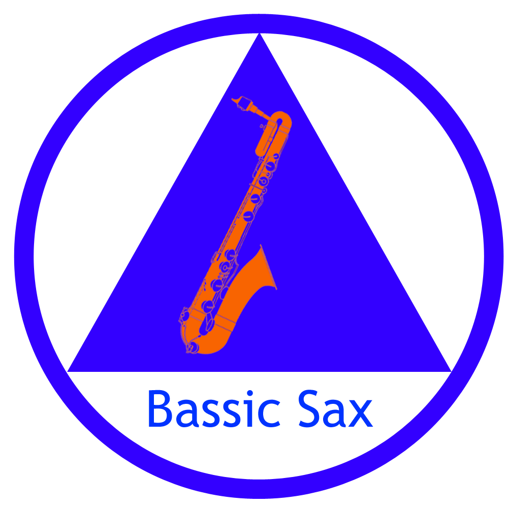 bassic sax logo, blue circle around blue triangle over top of an orange bari sax