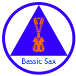 bassic sax logo, blue circle around blue triangle, 2 orange bari saxes intertwined together in blue triangle.