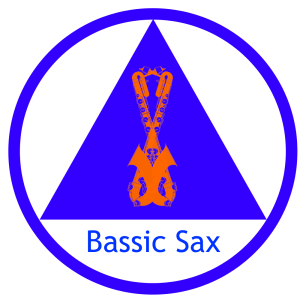 bassic sax logo, blue circle around blue triangle, 2 orange bari saxes intertwined together in blue triangle.