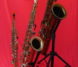 A quartet of Selmer Mark VI saxophones. Yup, they are all real. ;) vintage saxophones, French saxophones, Selmer Paris horns, Mark VI, alto sax, soprano sax, tenor sax, bari sax, low Bb bari