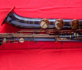H. Couf Superba II low A bari sax #61XXX in Blackgold finish. This rare horn is black nickel plated with gold plated key work. It is one of only 3 known examples. H. Couf Superba II bari sax, low A baritone sax, Blackgold finish, vintage horn, Julius Keilwerth, German saxophone