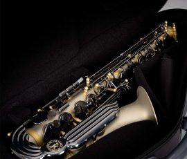 Source: Julius Keilwerth brochure on the 100 Anniversary Model Keilwerth 100th Anniversary SX90R saxophone, alto sax, angel wing, new German saxophone, German nickel silver body with sandblasted finish, black nickel-plated keywork, ebony wood key touches