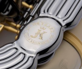 Source: facebook.com/JuliusKeilwerth Keilwerth 100th Anniversary SX90R saxophone, alto sax, JK logo on angel wing, new German saxophone, German nickel silver body with sandblasted finish, black nickel-plated keywork, ebony wood key touches