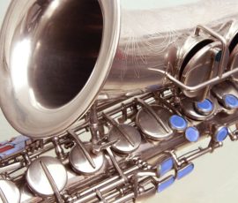 Seller notes sax is from 1949. Source: saxobrainiac on eBay.com saxophone keys, Akustik saxophone, vintage German sax, blue key touches, silver sax,