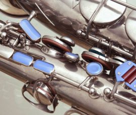 Seller notes sax is from 1949. Source: saxobrainiac on eBay.com saxophone keys, Akustik saxophone, vintage German sax, blue key touches, silver sax, rolled tone holes