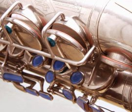 Seller notes sax is from 1949. Source: saxobrainiac on eBay.com saxophone keys, Akustik saxophone, vintage German sax, blue key touches, silver sax, rolled tone holes