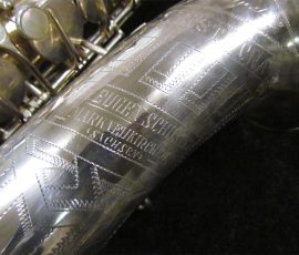 Source: SAXQUEST.COM on eBay.com Eugen Schuster, alto saxophone, silver saxophone, bell engraving, vintage German saxophone, 1940s sax