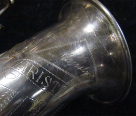 Source: SAXQUEST.COM on eBay.com Eugen Schuster, alto saxophone, silver saxophone, bell engraving & bell lip, vintage German saxophone, 1940s sax