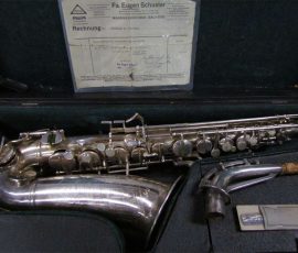 Source: SAXQUEST.COM on eBay.com Eugen Schuster, alto saxophone, silver saxophone, in case with bill of sale, sax neck