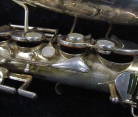 Source: SAXQUEST.COM on eBay.com Eugen Schuster, alto saxophone, silver saxophone, rolled tone holes, saxophone keys, vintage German saxophone, 1940s sax