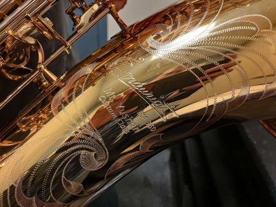 saxophone bell engraving, bass saxophone, P. Mauriat, PM-350,