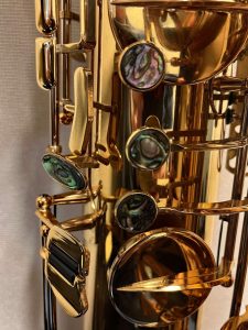 saxophone keys, abalone key touches, bass saxophone, P. Mauriat, PM-350,