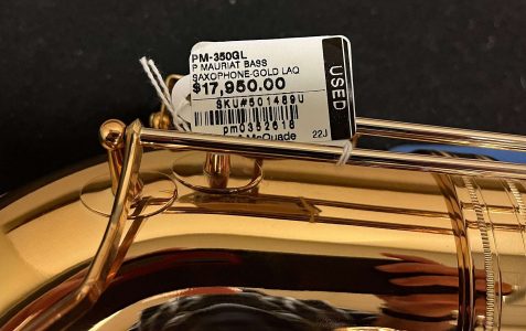saxophone keys, price tag, bass saxophone, P. Mauriat, PM-350,