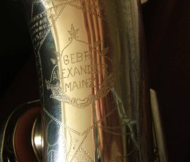 Gebr. Alexander Mainz alto # 12xxx Copy of a Toneking. Source: hugi2006 on eBay.de vintage German saxophone, Dörfler & Jörka, Gebr. Alexander Mainz, stencil sax, bell engraving, silver plated horn, D&J copy of Keilwerth Toneking