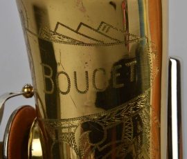 Boucet alto # ? D&J copy of The New King. Source: kurprinz on eBay.de vintage German saxophone, Dörfler & Jörka, Boucet, stencil sax, bell engraving, two-tone horn, D&J copy of Keilwerth The New King