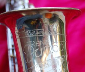 Rene Dumont alto #145xx D&J copy of The New King. Source: A Friend of Bassic Sax vintage German saxophone, Dörfler & Jörka, Rene Dumont, stencil sax, bell engraving, two-tone horn, D&J copy of Keilwerth The New King