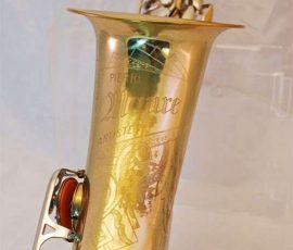 Pierre Maure Artiste # ? D&J copy of The New King. Source: SOTW vintage German saxophone, Dörfler & Jörka, Pierre Maure Artiste, stencil sax, bell engraving, two-tone horn, D&J copy of Keilwerth The New King