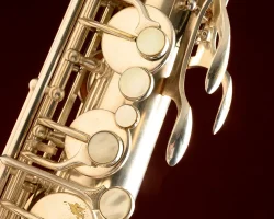 Toneking tenor #28034. Source: Randy Cole on reverb.com vintage German saxophone, Julius Keilwerth, Toneking, left hand & palm keys, silver plated horn against dark coloured background