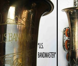 U.S. Bandmaster alto # 13645 D&J copy of The New King. Source: artsandsciences on eBay.com vintage German saxophone, Dörfler & Jörka, U.S. Bandmaster, stencil sax, bell engraving, two-tone horn, D&J copy of Keilwerth The New King