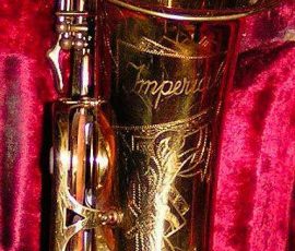 Imperial alto # 11343 D&J copy of The New King. Source: Daddylonglegs3 on saxophone.org vintage German saxophone, Dörfler & Jörka, Imperial, stencil sax, bell engraving, lacquer horn, D&J copy of Keilwerth The New King