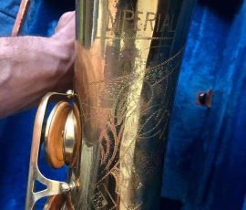 Imperial tenor # 12696 D&J copy of The New King. Source: Joh MacDonald on FB Marketplace vintage German saxophone, Dörfler & Jörka, Imperial, stencil sax, bell engraving, lacquer horn, D&J copy of Keilwerth The New King