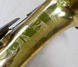 Paragon tenor # 763x D&J copy of The New King. Source: allinwrist on eBay.com vintage German saxophone, Dörfler & Jörka, Paragon, stencil sax, bell engraving, two-tone horn, D&J copy of Keilwerth The New King