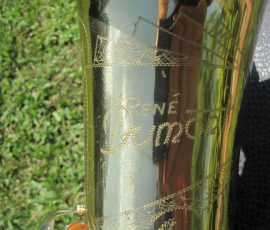 Rene Dumont tenor # 16430 D&J copy of The New King. Source: jbstreasures35 on eBay.com vintage German saxophone, Dörfler & Jörka, Rene Dumont, stencil sax, bell engraving, two-tone horn, D&J copy of Keilwerth The New King