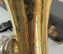 Skymaster alto # 17453 D&J copy of The New King. Source: SOTW vintage German saxophone, Dörfler & Jörka, Skymaster, stencil sax, bell engraving, two-tone horn, D&J copy of Keilwerth The New King