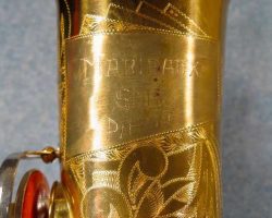 SML alto # 8522 D&J copy of The New King. Source: junkdude.com vintage German saxophone, Dörfler & Jörka, SML, stencil sax, bell engraving, two-tone horn, D&J copy of Keilwerth The New King