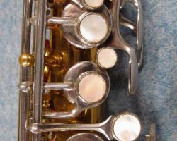 SML alto # 8522 D&J copy of The New King. Source: junkdude.com left hand keys on Dörfler & Jörka alto saxophone, vintage German sax, stencil sax, two-tone saxophone