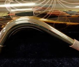 Source: saxquest.com bass saxophone, P. Mauriat, PM-350, gold lacquer bass sax, short wrap bass saxophone, French wrap, bass sax neck