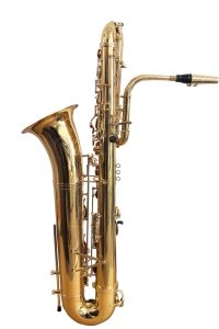 Source: emmusicstore on eBay.com Eastern Music bass saxophone, Jinbao-made bass saxophone, short wrap bass, stencil sax, Chinese bass sax, Super Action 80 Series II copy,