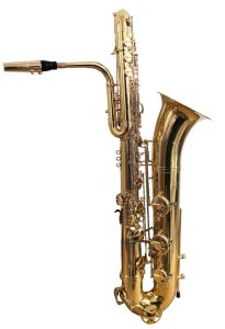 Source: emmusicstore on eBay.com Eastern Music bass saxophone, Jinbao-made bass saxophone, short wrap bass, stencil sax, Chinese bass sax, Super Action 80 Series II copy,