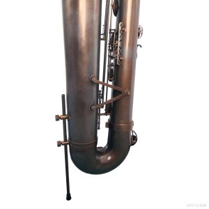 Source: emmusicstore on eBay.com Eastern Music bass saxophone, Jinbao-made bass saxophone, short wrap bass, stencil sax, Chinese bass sax, Super Action 80 Series II copy, vintage patina finish