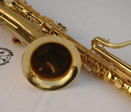 Source: International Woodwind Inc. International Woodwind bass saxophone, Jinyin-made bass saxophone, long wrap bass, stencil sax, Chinese bass sax, vintage American style, Conn New Wonder bass sax copy