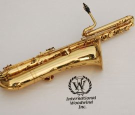 Source: International Woodwind Inc. International Woodwind bass saxophone, Jinyin-made bass saxophone, long wrap bass, stencil sax, Chinese bass sax, vintage American style, Conn New Wonder bass sax copy