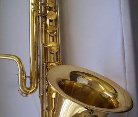 Source: International Woodwind Inc. International Woodwind bass saxophone, Jinyin-made bass saxophone, long wrap bass, stencil sax, Chinese bass sax, vintage American style, Conn New Wonder bass sax copy