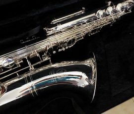 Source: saxophonedepot on eBay.com International Woodwinds Model 661 bass saxophone, silver plated bass sax, Jinbao-made bass saxophone, short wrap bass, stencil sax, Chinese bass sax, Super Action 80 Series II copy,