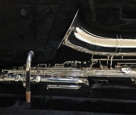 Source: saxophonedepot on eBay.com International Woodwinds Model 661 bass saxophone, silver plated bass sax, Jinbao-made bass saxophone, short wrap bass, stencil sax, Chinese bass sax, Super Action 80 Series II copy,