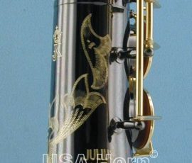 SX90 straight alto # 98890. Source: USA Horn. Used with permission. Keilwerth SX90 straight alto sax, black nickel plate with gold lacquer key work and bell, straight tone holes, bell engraving,