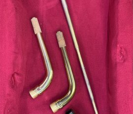 Source: prestomusicalrepairs.com King Excellence bass saxophone, Jinyin-made bass saxophone, long wrap bass, stencil sax, Chinese bass sax, vintage American style, Conn New Wonder bass sax copy, 2 necks, peg, mouthpiece & lig