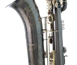 Source: saxshop.com Sakkussu bass saxophone, Jinbao-made bass saxophone, short wrap bass, stencil sax, Chinese bass sax, Super Action 80 Series II copy, black nickel plated bass with gold lacquer keys