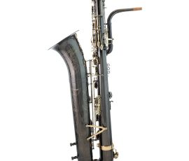 Source: saxshop.com Sakkussu bass saxophone, Jinbao-made bass saxophone, short wrap bass, stencil sax, Chinese bass sax, Super Action 80 Series II copy, black nickel plated bass with gold lacquer keys