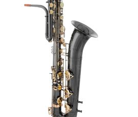 Source: saxshop.com Sakkussu bass saxophone, Jinbao-made bass saxophone, short wrap bass, stencil sax, Chinese bass sax, Super Action 80 Series II copy, black nickel plated bass with gold lacquer keys