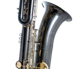 Source: saxshop.com Sakkussu bass saxophone, Jinbao-made bass saxophone, short wrap bass, stencil sax, Chinese bass sax, Super Action 80 Series II copy, black nickel plated bass with gold lacquer keys