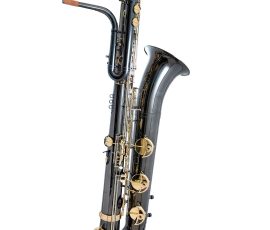 Source: saxshop.com Sakkussu bass saxophone, Jinbao-made bass saxophone, short wrap bass, stencil sax, Chinese bass sax, Super Action 80 Series II copy, black nickel plated bass with gold lacquer keys