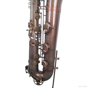 Source: emmusicstore on eBay.com Eastern Music bass saxophone, Jinbao-made bass saxophone, short wrap bass, stencil sax, Chinese bass sax, Super Action 80 Series II copy, vintage patina finish