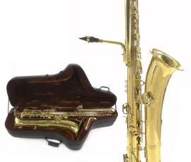 Source: eBay.com Gear 4 Music bass saxophone, Jinyin-made bass saxophone, long wrap bass, stencil sax, Chinese bass sax, vintage American style, Conn New Wonder bass sax copy
