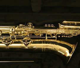 Source: eBay.com International Woodwinds Model 661 bass saxophone, Jinbao-made bass saxophone, short wrap bass, stencil sax, Chinese bass sax, Super Action 80 Series II copy,