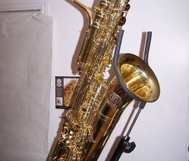 Source: eBay.com International Woodwinds Model 661 bass saxophone, Jinbao-made bass saxophone, short wrap bass, stencil sax, Chinese bass sax, Super Action 80 Series II copy,